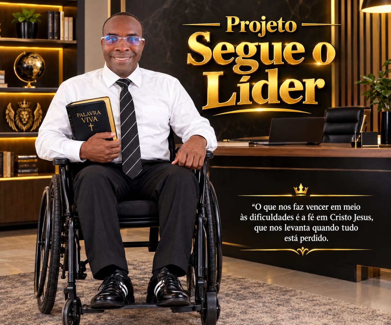 Jeferson Netto, na cadeira de rodas, com a Bíblia Palavra Viva nas mãos, ao lado do emblema do Projeto Segue o Líder